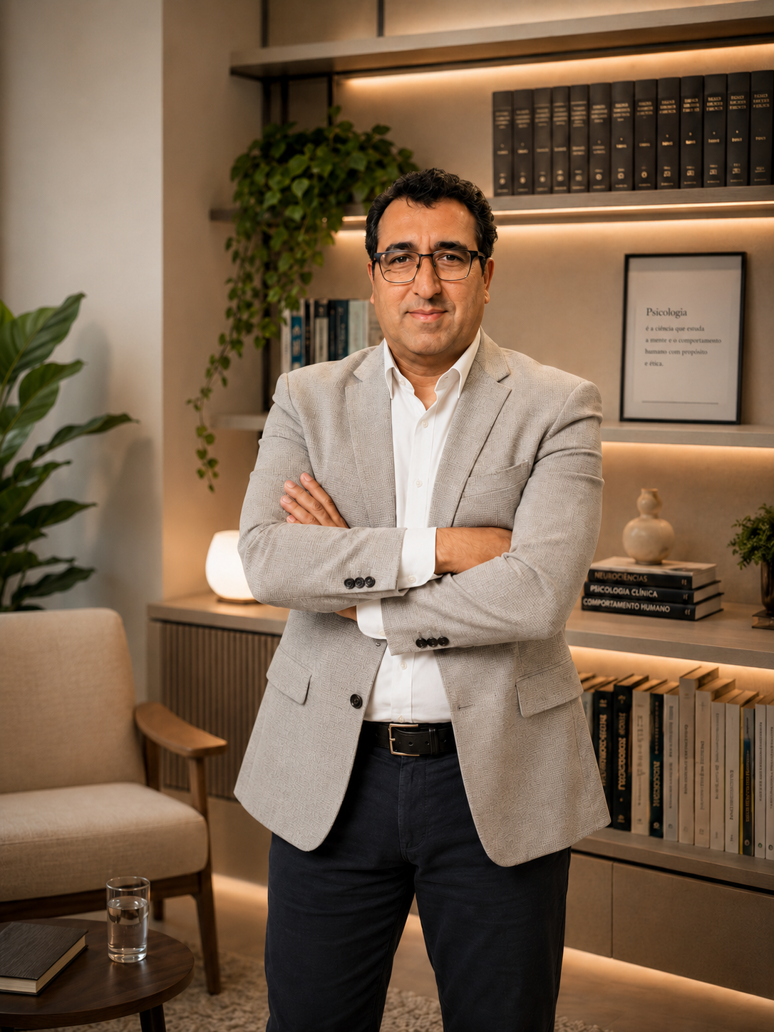 Psicólogo Victor Veiga em pé, com os braços cruzados, em frente a uma estante de livros