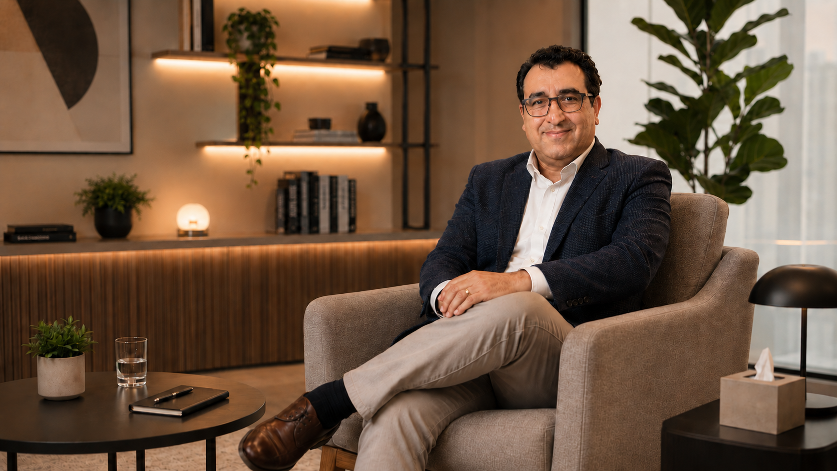 Psicólogo Victor Veiga no consultório, disponível para atendimento